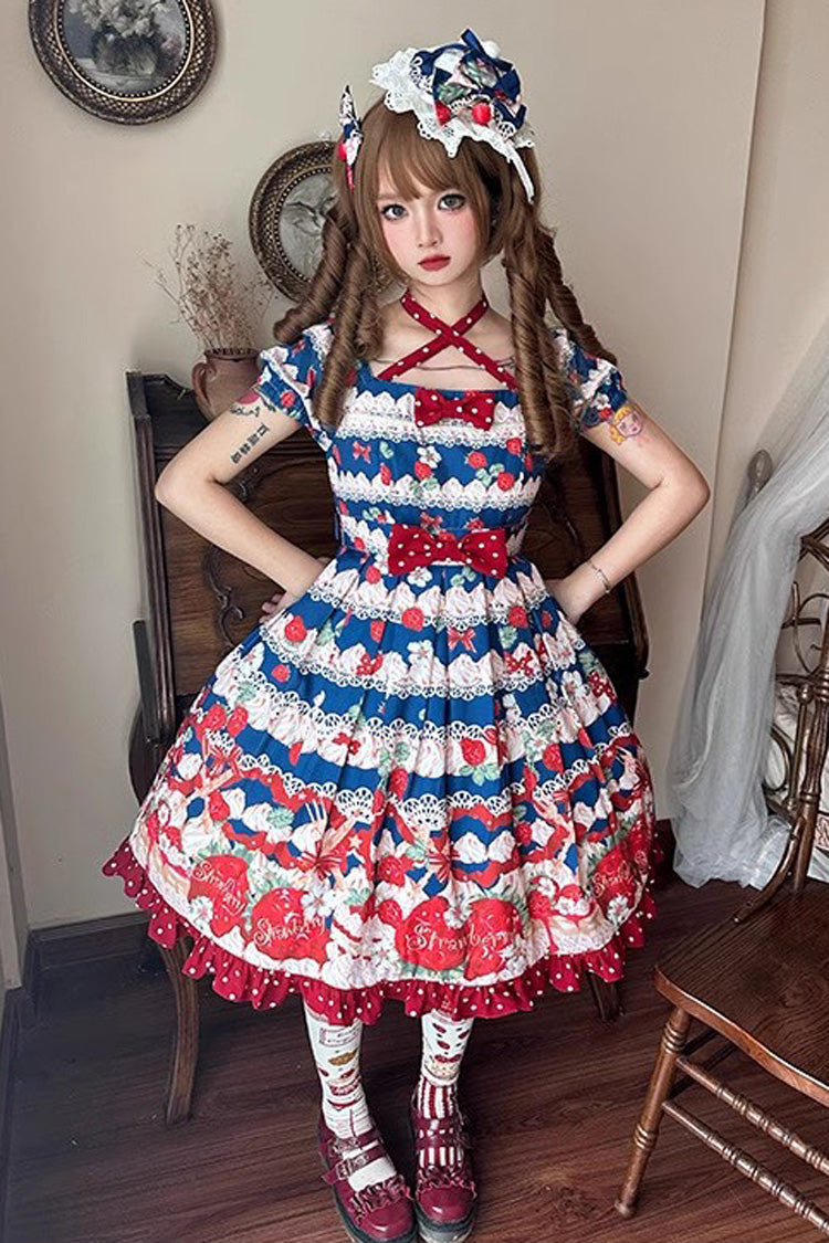 Cream Berry Fairy Red/Blue Short Sleeves Print Ruffle Bowknot Sweet Lolita Dress - Product - 2