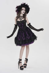 Black/Purple Off Shoulder Double-Layered Printed Cut-Out Lace Lace-Up Women's Gothic Jsk Dress - Product - 4