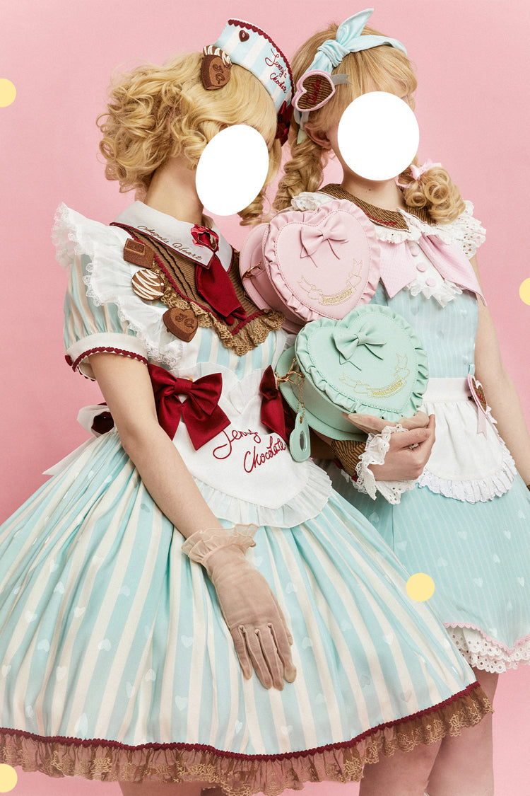 Green [Jenny's Chocolate] Short Sleeves Vertical Stripes Print Ruffle Bowknot Sweet Lolita Dress - Product - 16