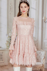 Pink Vintage Lace Round Collar Flower Embroidery Trumpet Sleeves Irregular Hem Sweet Lolita OP Dress - Product - 2