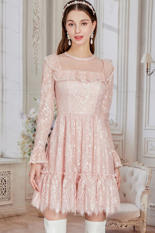 Pink Vintage Lace Round Collar Flower Embroidery Trumpet Sleeves Irregular Hem Sweet Lolita OP Dress - Product - 2