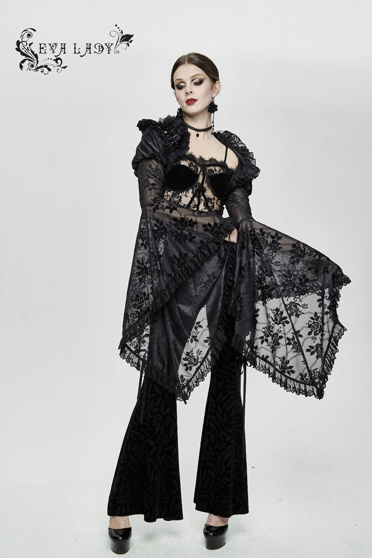 Black Transparent Lace Trim Big Trumpet Sleeve 3D Flower Rabbit Fur Lace Women's Gothic Shawl - Product - 2