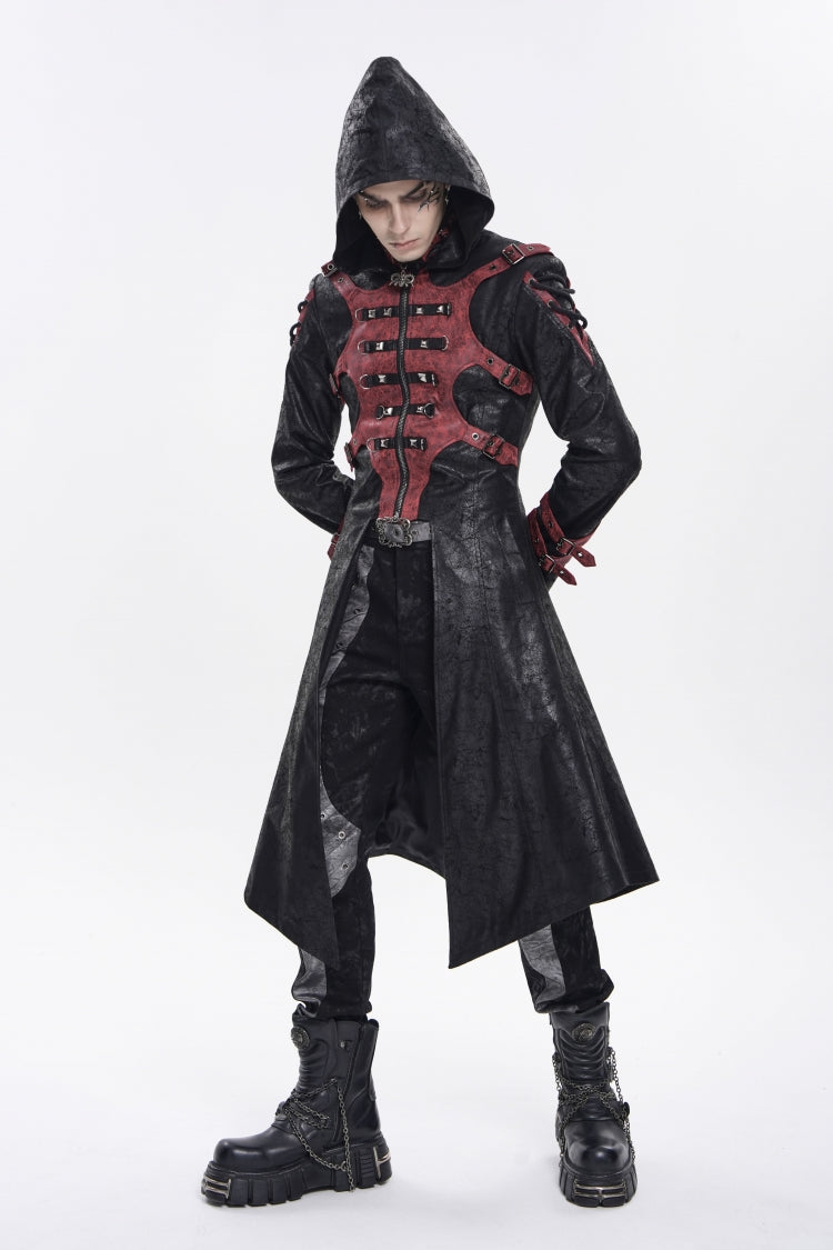 Black Stand Collar Long Sleeves Printed Spliced Studded Buckled Zippered Eyelet Men's Punk Cool Hooded Jacket - Product - 6