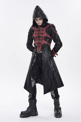 Black Stand Collar Long Sleeves Printed Spliced Studded Buckled Zippered Eyelet Men's Punk Cool Hooded Jacket - Product - 6