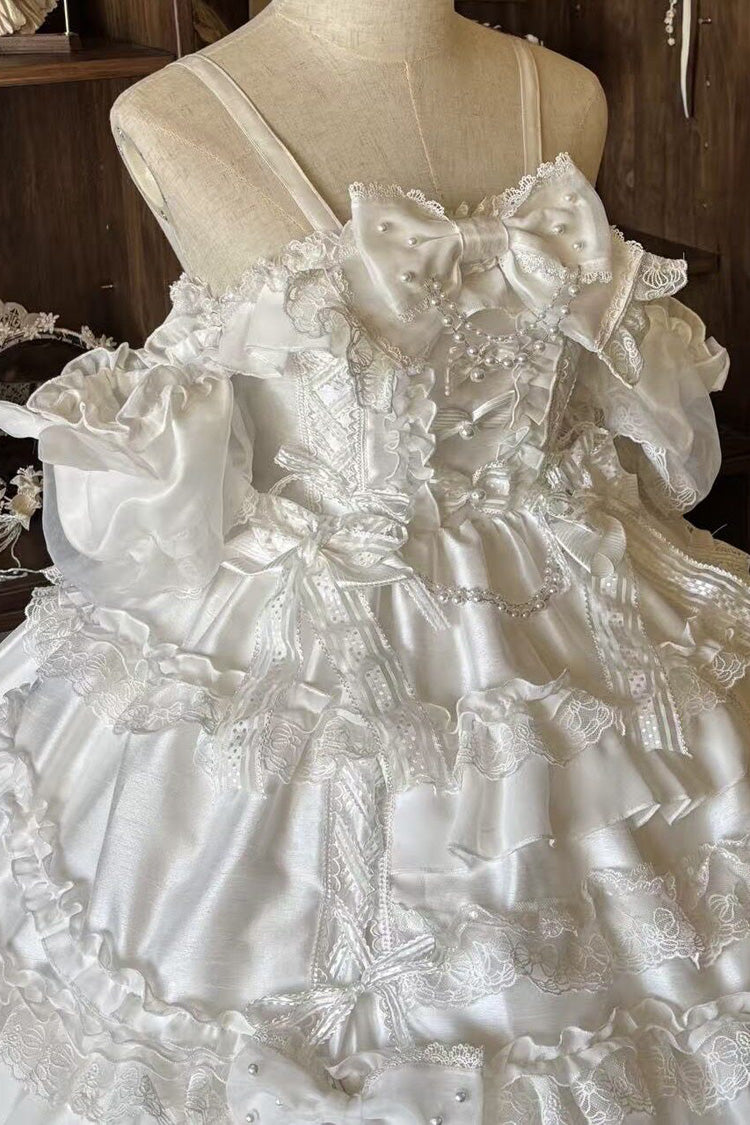 White [Spring Cherry Snowfall] Off Shoulder Short Sleeves Multi-Layered Ruffled Bow Sweet Lolita Jsk Dress - Product - 2