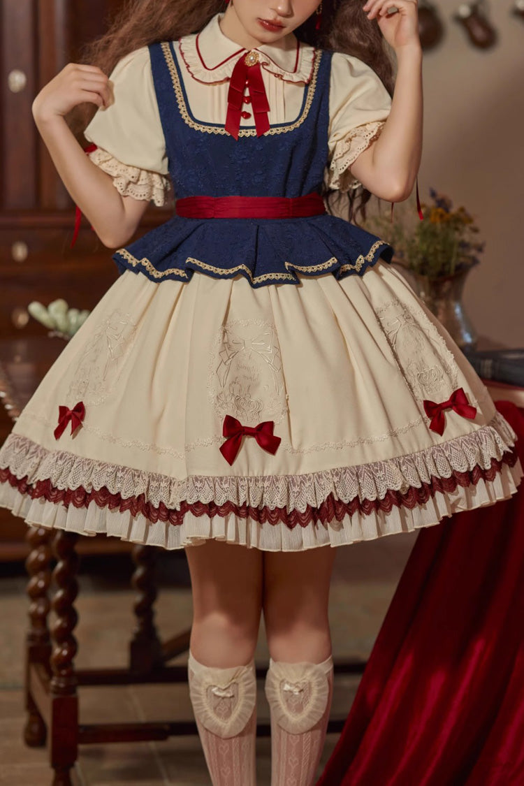 Multi-Color Snow White Lapel Collar Ruffle Short Sleeves Sweet Lolita Dress - Multi-Color - 1