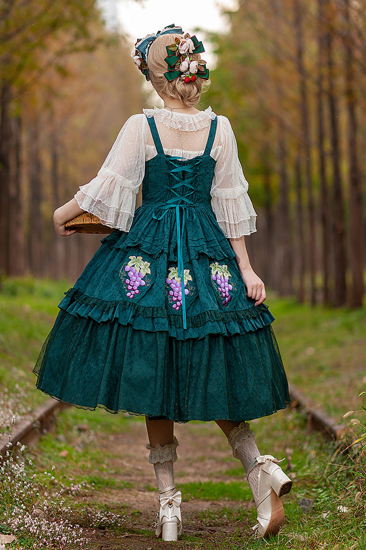 Green [Vineyard] Sleeveless Jacquard Print Ruffle Embroidery Sweet Lolita Jsk Dress - Product - 5