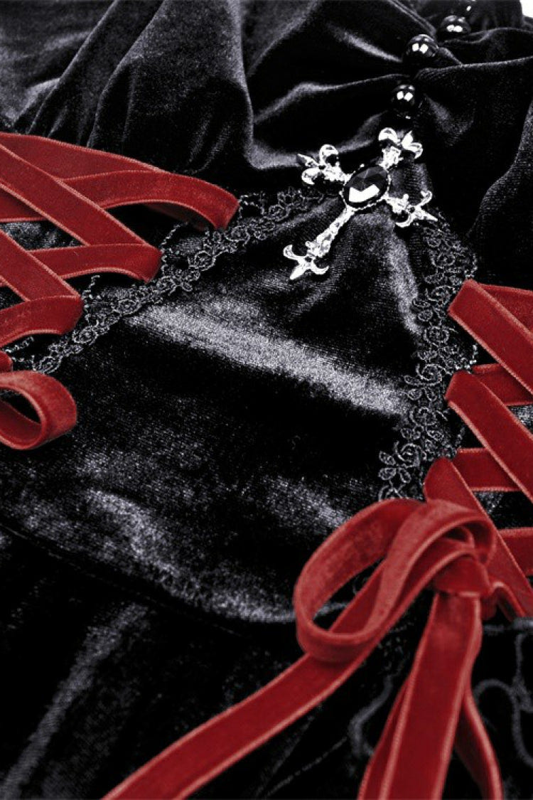 Black/Red Cross Lace-Up Strappy Women's Gothic Velvet Slip Dress - Product - 13