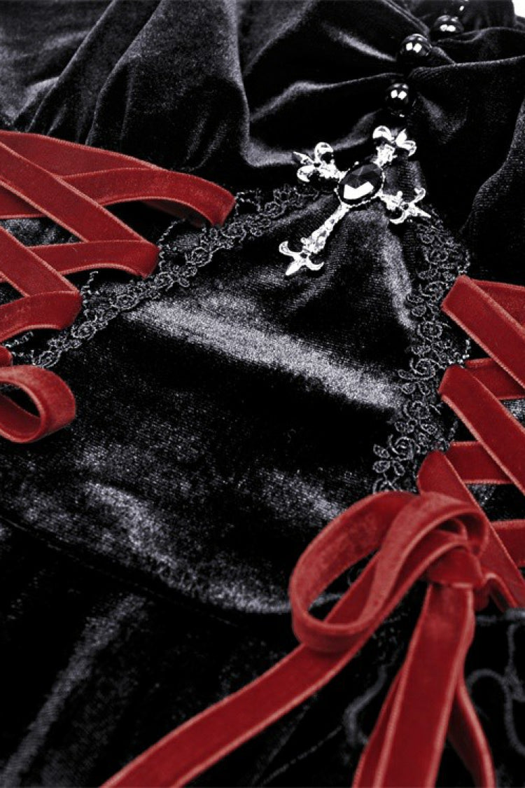 Black/Red Cross Lace-Up Strappy Women's Gothic Velvet Slip Dress - Product - 13