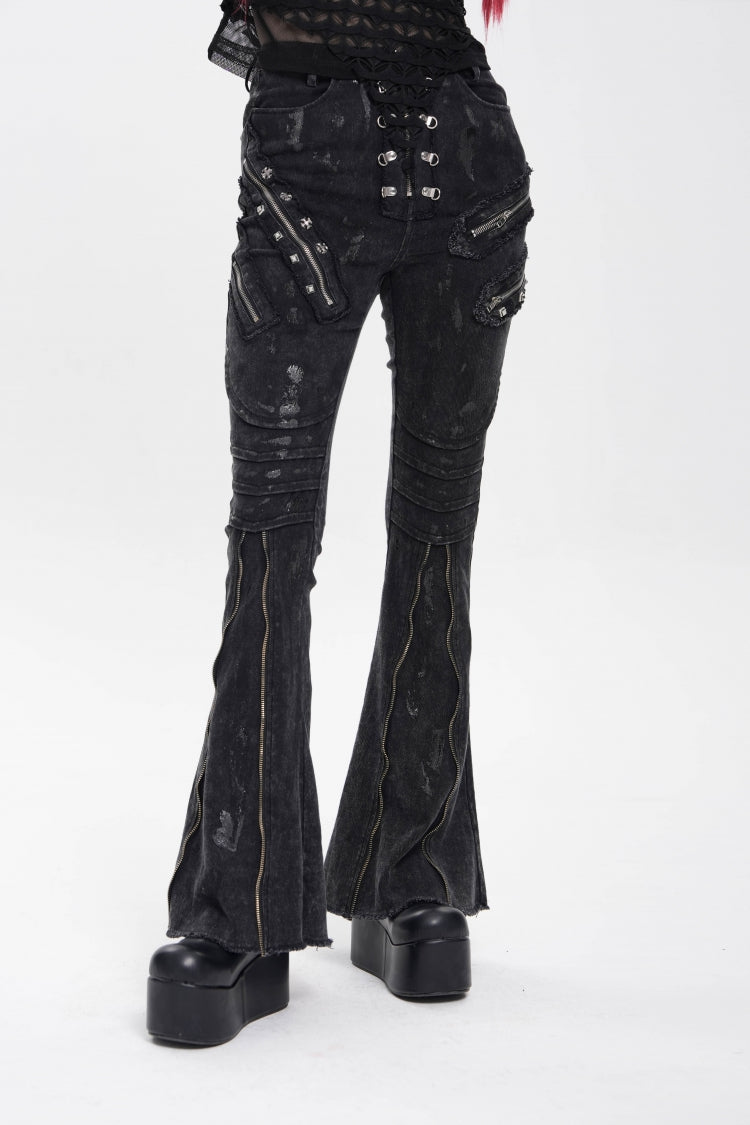 Black Zipper Pleated Women's Punk Flared Pants - Product - 2
