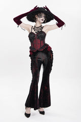 Black/Red  Ruffled Spliced Women's Gothic Floral Faux Leather&Velvet Ruffle Pants - Product - 7