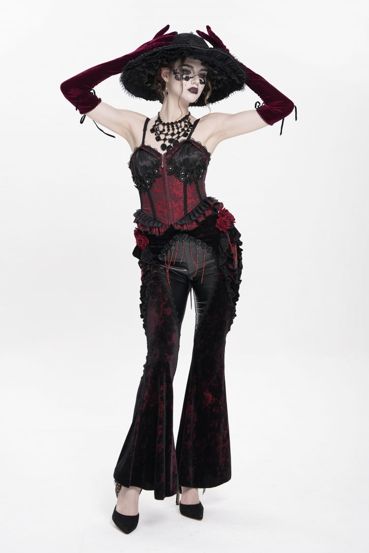 Black/Red  Ruffled Spliced Women's Gothic Floral Faux Leather&Velvet Ruffle Pants - Product - 7