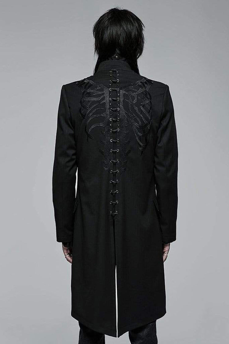Black Punk Stand Collar Skeleton Embroidery Frenulum Metal Rivet Zippe Slim Fit Mid Length Men's Coat - Product - 4