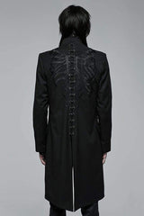 Black Punk Stand Collar Skeleton Embroidery Frenulum Metal Rivet Zippe Slim Fit Mid Length Men's Coat - Product - 4