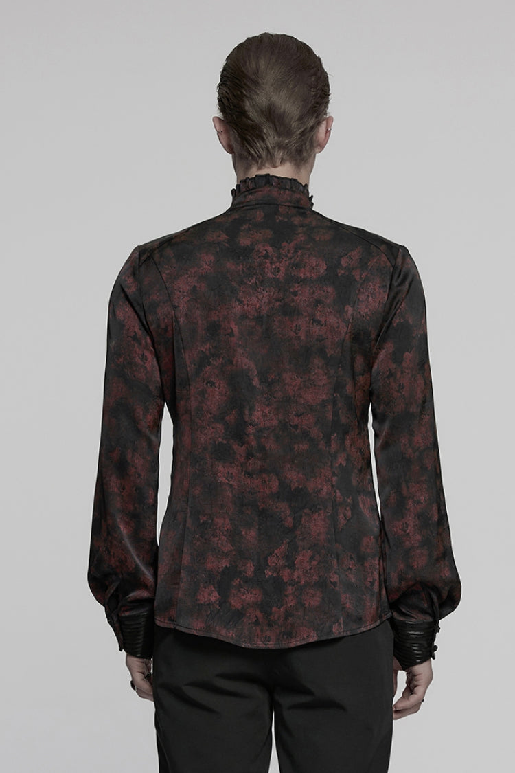 Black/Red Stand Collar Long Sleeves Ruffle Pleated Men's Gothic Blouse - Product - 3