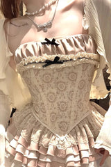 Apricot Multi-Layered Print Ruffle Embroidery Bowknot Sweet Vintage Lolita Skirt - Product - 4