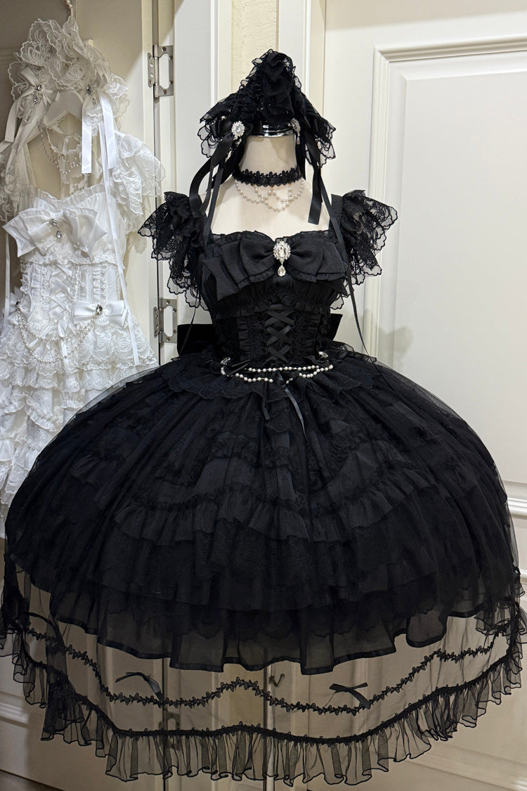 Black [Eternal Vow] Sleeveless Multi-Layered Ruffle Hanayome Bowknot Lace Lace-Up Gothic Lolita Jsk Dress - Product - 2