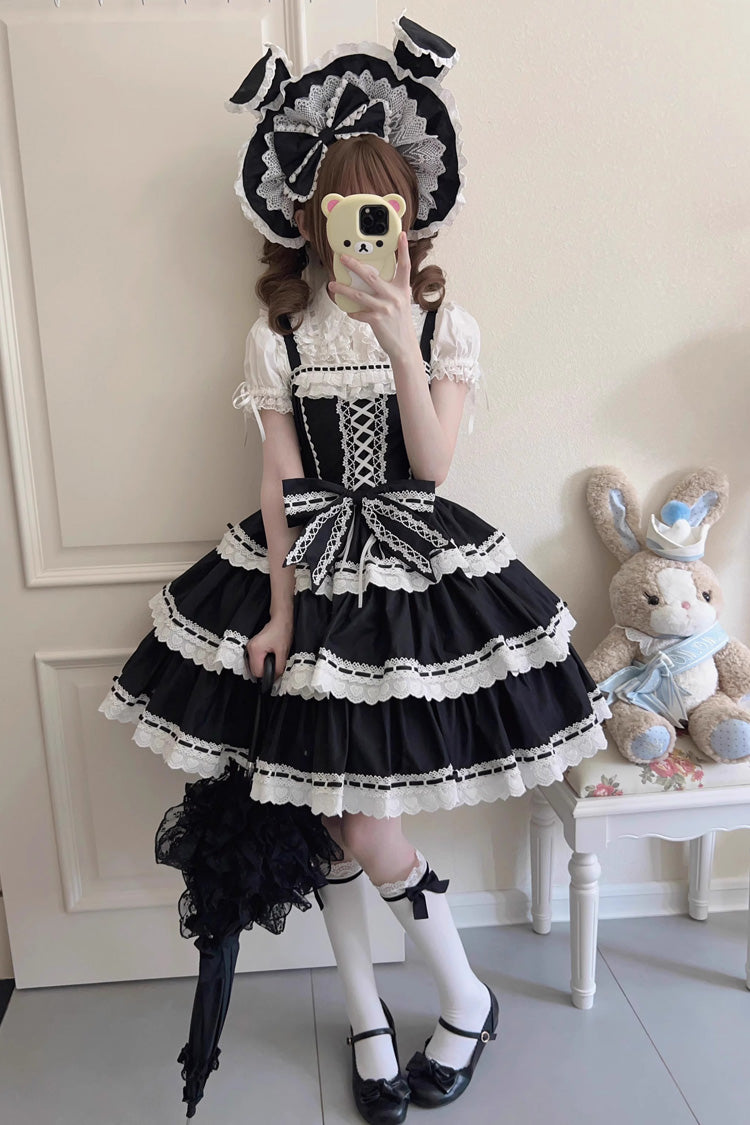 Black [Maiden Heart] Triple-Layered Ruffle Bowknot Lace Sweet Lolita Jsk Dress - Black - 1