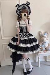 Black [Maiden Heart] Triple-Layered Ruffle Bowknot Lace Sweet Lolita Jsk Dress - Black - 1
