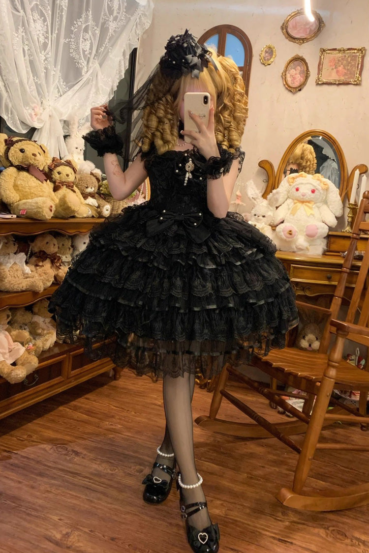 Black [Ballad of Feathers] Sleeveless Multi-Layered Ruffle Hanayome Bowknot Gothic Lolita Jsk Dress - Black - 1