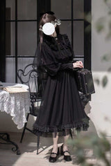 Black [Enchanted Nightdream] Long Sleeves Bowknot Lace Gothic Elegant Lolita Dress - Product - 9
