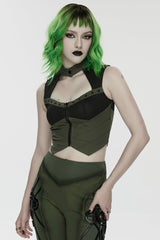 Black/Green Sleeveless Cut-Out Studded Mechanical Women's Punk Tank Top - Product - 2