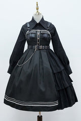 Dark V Neck Bowknot Rivets Epaulettes Sleeveless Military Uniform PU Gothic Lolita Jsk Dress - Black - 1