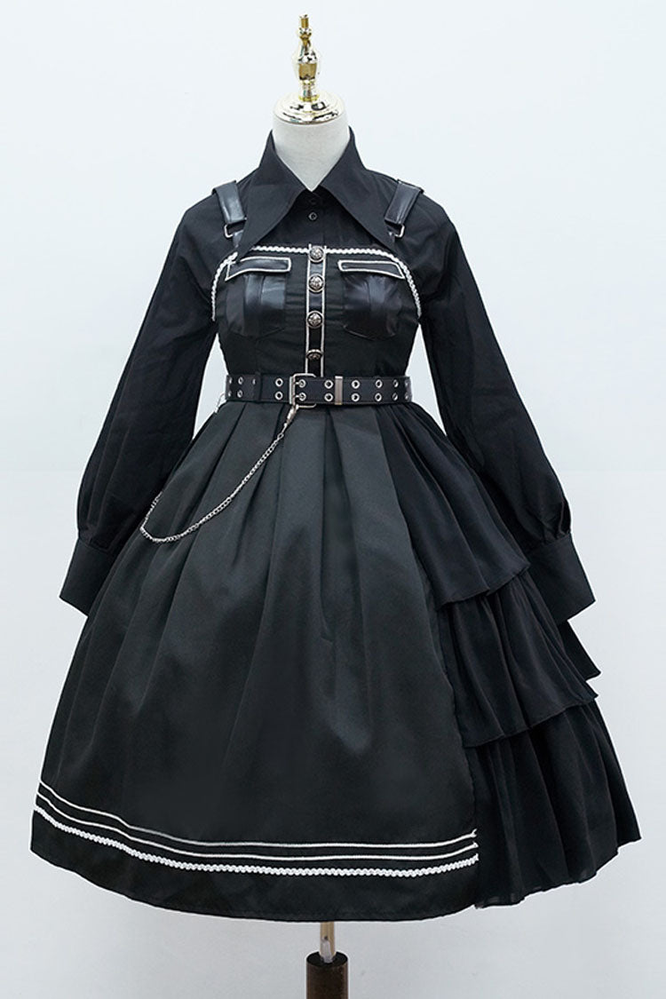 Dark V Neck Bowknot Rivets Epaulettes Sleeveless Military Uniform PU Gothic Lolita Jsk Dress - Black - 1