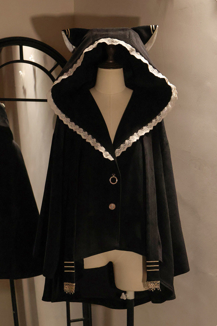 Black [Clock of Reincarnation Cycles] Cat Ears Magic Hooded Sweet Lolita Coat Cloak - Product - 4