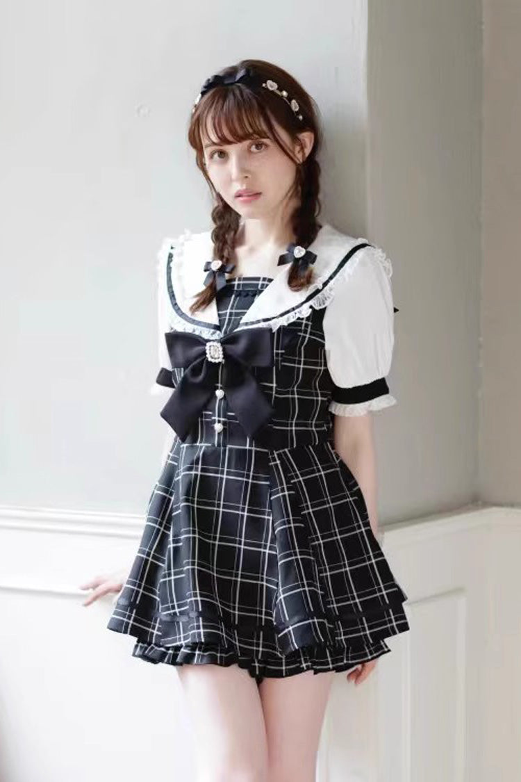 Jirai Kei Short Sleeves Bowknot Lace Sweet Dress Set 4 Colors - Plaid-Print - 5