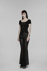 Black Round Collar Short Sleeves Slim Sheer Ripped Studded Women's Punk T-Shirt - Product - 4