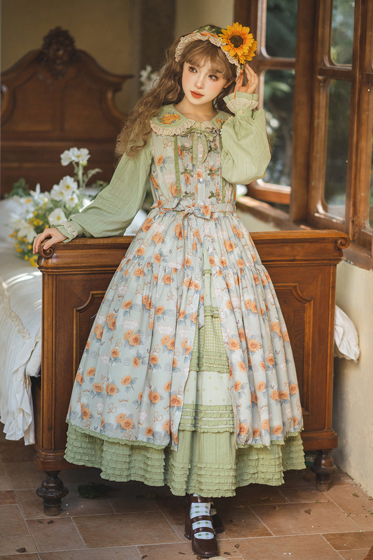 Green [Gardening Sunflower] Sleeveless Print Ruffle Bowknot Sweet Elegant Lolita Jsk Dress - Green - 1