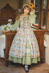Green [Gardening Sunflower] Sleeveless Print Ruffle Bowknot Sweet Elegant Lolita Jsk Dress - Green - 1