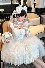 White [Jewelry Love Story] Halterneck Ruffle Hanayome Bowknot Lace Gothic Lolita Dress - Product - 13