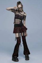 Asymmetrical Cutout Neckline Strap Design Plaid Mesh Women's Punk T-Shirt - Product - 6