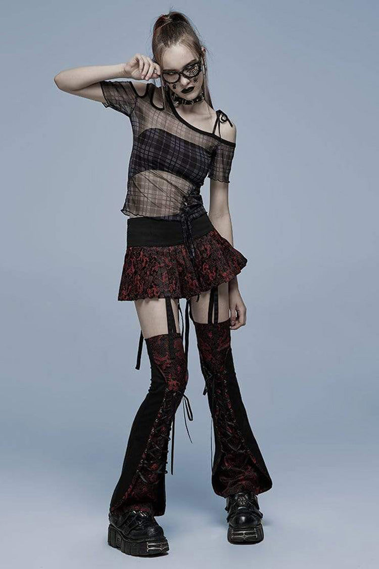 Asymmetrical Cutout Neckline Strap Design Plaid Mesh Women's Punk T-Shirt - Product - 6