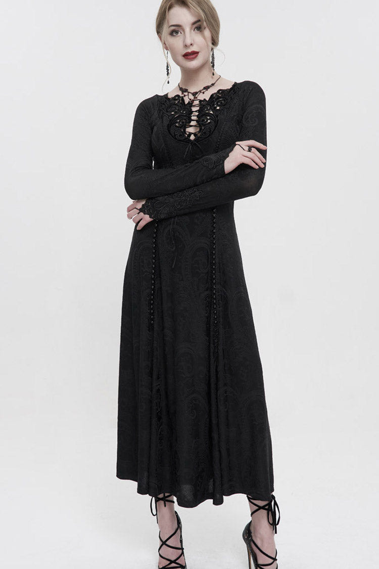 Black Long Sleeve Long Knitting Symmetrical Applique And String at The Chest Women's Gothic Dress - Product - 4