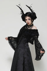 Black Ruffled Off Shoulder Long Bishop Sleeves Lace Women's Gothic Cape - Product - 2