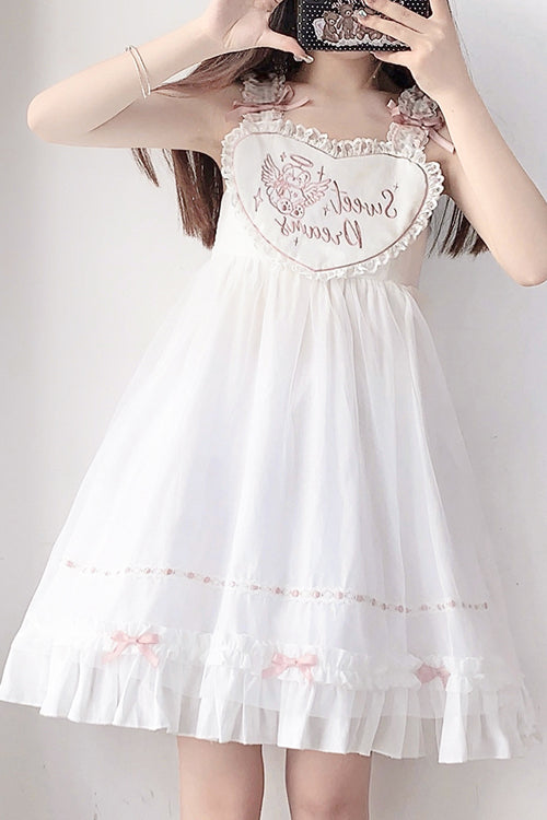 White Ruffled Shoulder Strap Heart Pattern Sweet Lolita JSK Dress - Product - 3
