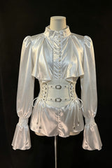 White/Blue [Royal Knight] Stand Collar Long Sleeves Gothic Vintage Cool Lolita Set - Blouse+Waist-Corset(Only) - 11