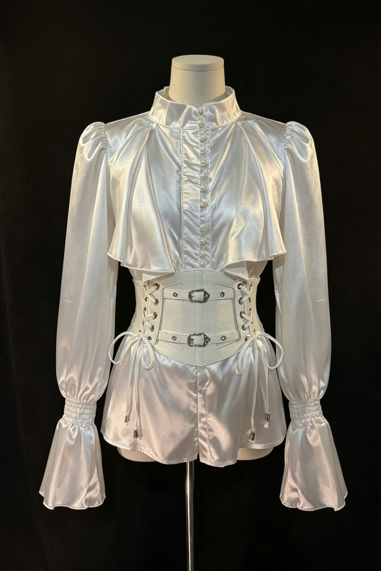 White/Blue [Royal Knight] Stand Collar Long Sleeves Gothic Vintage Cool Lolita Set - Blouse+Waist-Corset(Only) - 11