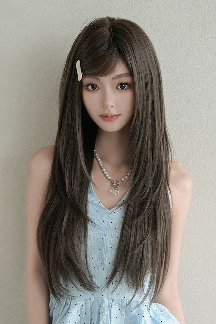 Cool Brown Natural Fluffy Long Layered Straight Sweet Lolita Wig with Air Bangs - Cool-Brown - 1