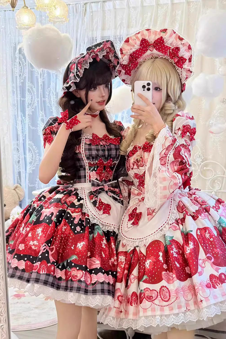 [Dream to Strawberry] Print Short Sleeves Ruffle Bowknot Lace Sweet Lolita OP Dress 4 Colors - Product - 3