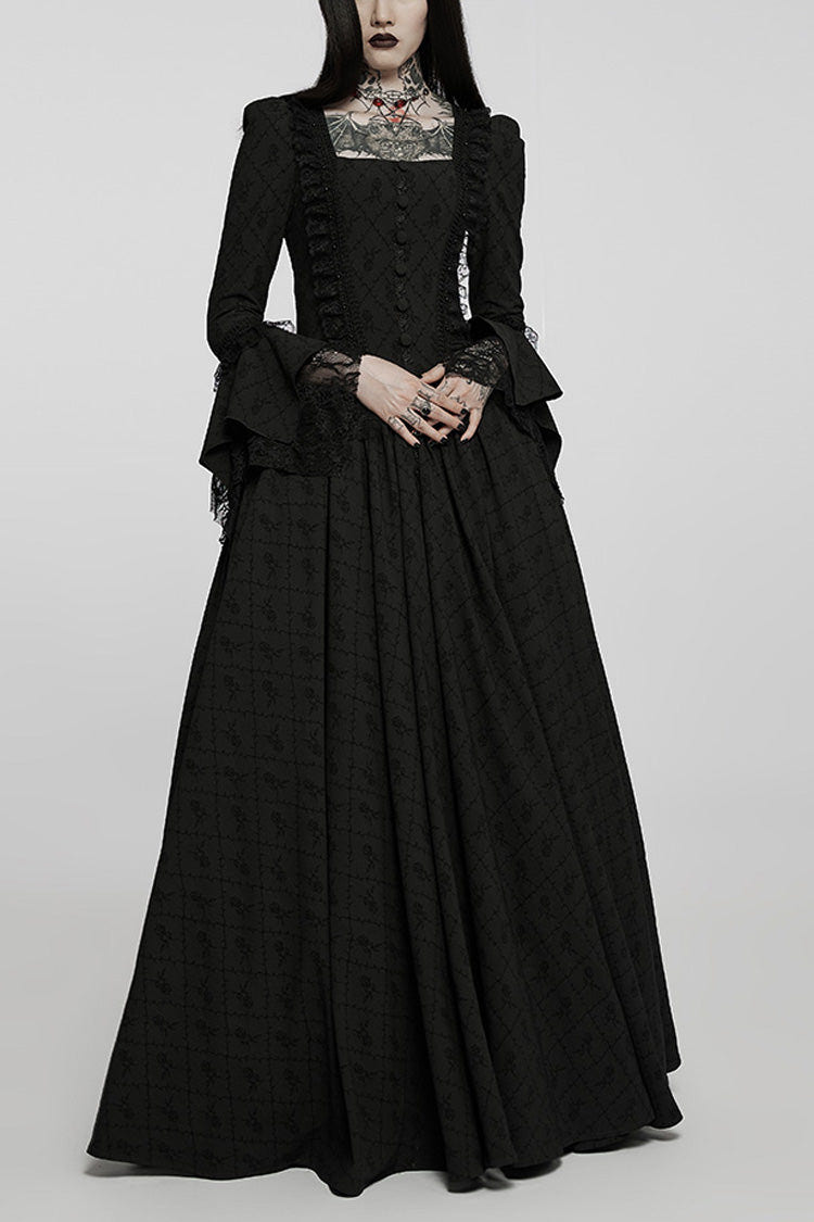 Black Square Collar Long Trumpet Sleeves Rose Print Lace Women's Gothic Elegant Dress - Black - 1