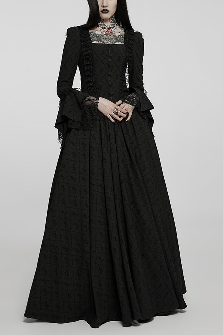 Black Square Collar Long Trumpet Sleeves Rose Print Lace Women's Gothic Elegant Dress - Black - 1