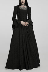 Black Square Collar Long Trumpet Sleeves Rose Print Lace Women's Gothic Elegant Dress - Black - 1