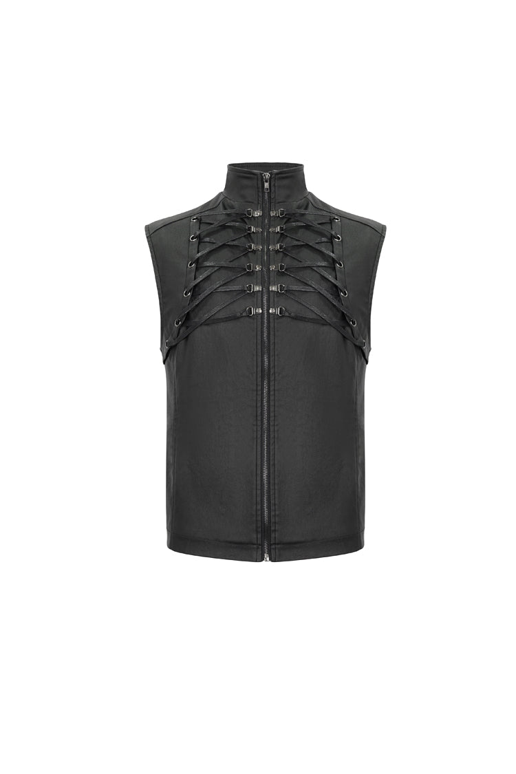 Black Front And Rear String Micro Stretch Cotton Stand Collar Men's Punk Vest - Product - 8