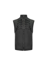 Black Front And Rear String Micro Stretch Cotton Stand Collar Men's Punk Vest - Product - 8