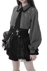 Black [Hymn of the Cross] Long Sleeves Printed Ruffled Asymmetric Chain-Decorated Gothic Jirai Kei Skirt Set - Product - 10