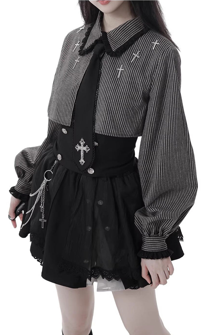 Black [Hymn of the Cross] Long Sleeves Printed Ruffled Asymmetric Chain-Decorated Gothic Jirai Kei Skirt Set - Product - 10